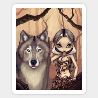 Cute Dryad Nature Spirit with Wolf Sticker